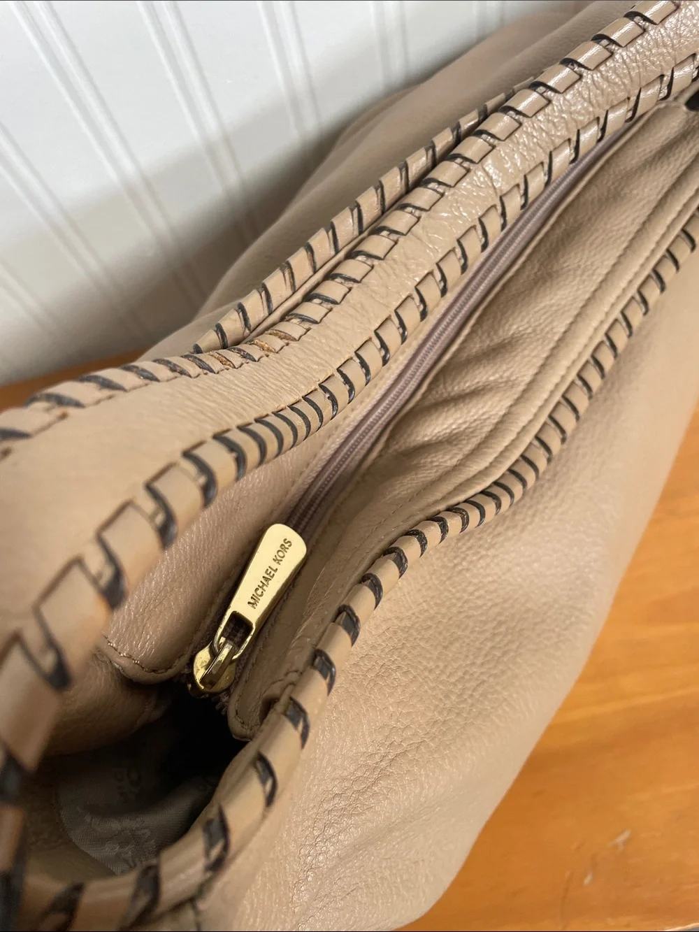 Michael Kors Beige Leather Hobo with Braided Strap & Tassel Charm